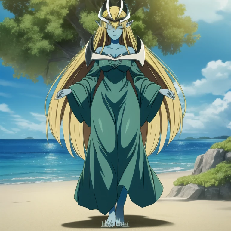 mysticalygo, mystical elf, smile, friendly look, medium breasts, eyes closed, green dress, long skirt, full body view, large sleeves, blue skin, blonde hair, long hair, Yugioh, standing, beach