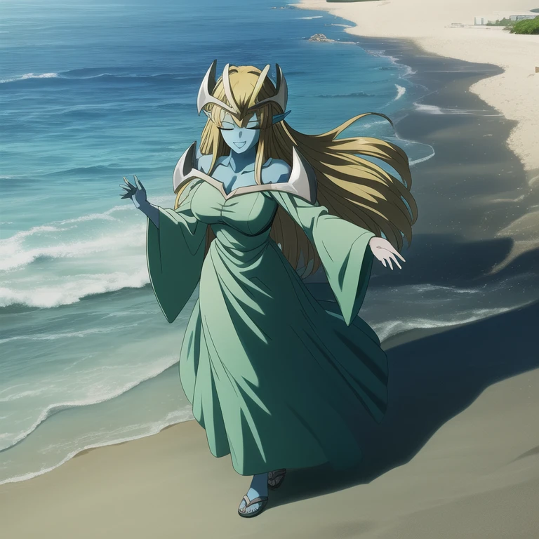 mysticalygo, mystical elf, smile, friendly look, medium breasts, eyes closed, green dress, long skirt, full body view, large sleeves, blue skin, blonde hair, long hair, Yugioh, standing, beach