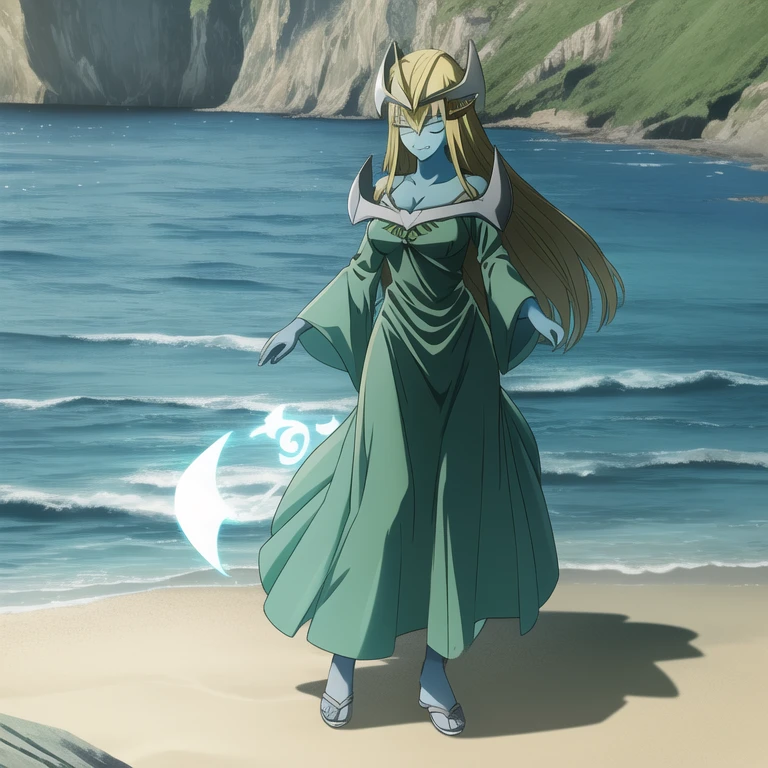 mysticalygo, mystical elf, smile, friendly look, medium breasts, eyes closed, green dress, long skirt, full body view, large sleeves, blue skin, blonde hair, long hair, Yugioh, standing, beach