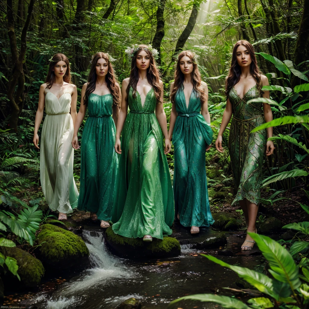 A group of beautiful elven girls in a bright green magical forest, delicate detailed faces, long flowing hair, elegant dresses, ethereal expressions, sunbeams filtering through lush foliage, serene forest clearing, mossy rocks, colorful wildflowers, sparkling stream, (best quality,8k,highres,masterpiece:1.2),ultra-detailed,photorealistic,digital painting,cinematic lighting,vibrant colors,fantasy art