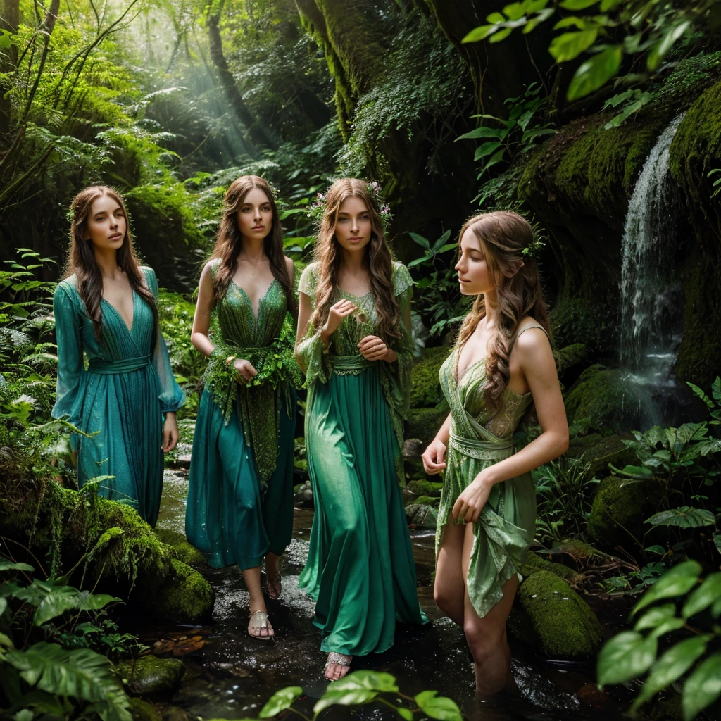 A group of beautiful elven girls in a bright green magical forest, delicate detailed faces, long flowing hair, elegant dresses, ethereal expressions, sunbeams filtering through lush foliage, serene forest clearing, mossy rocks, colorful wildflowers, sparkling stream, (best quality,8k,highres,masterpiece:1.2),ultra-detailed,photorealistic,digital painting,cinematic lighting,vibrant colors,fantasy art