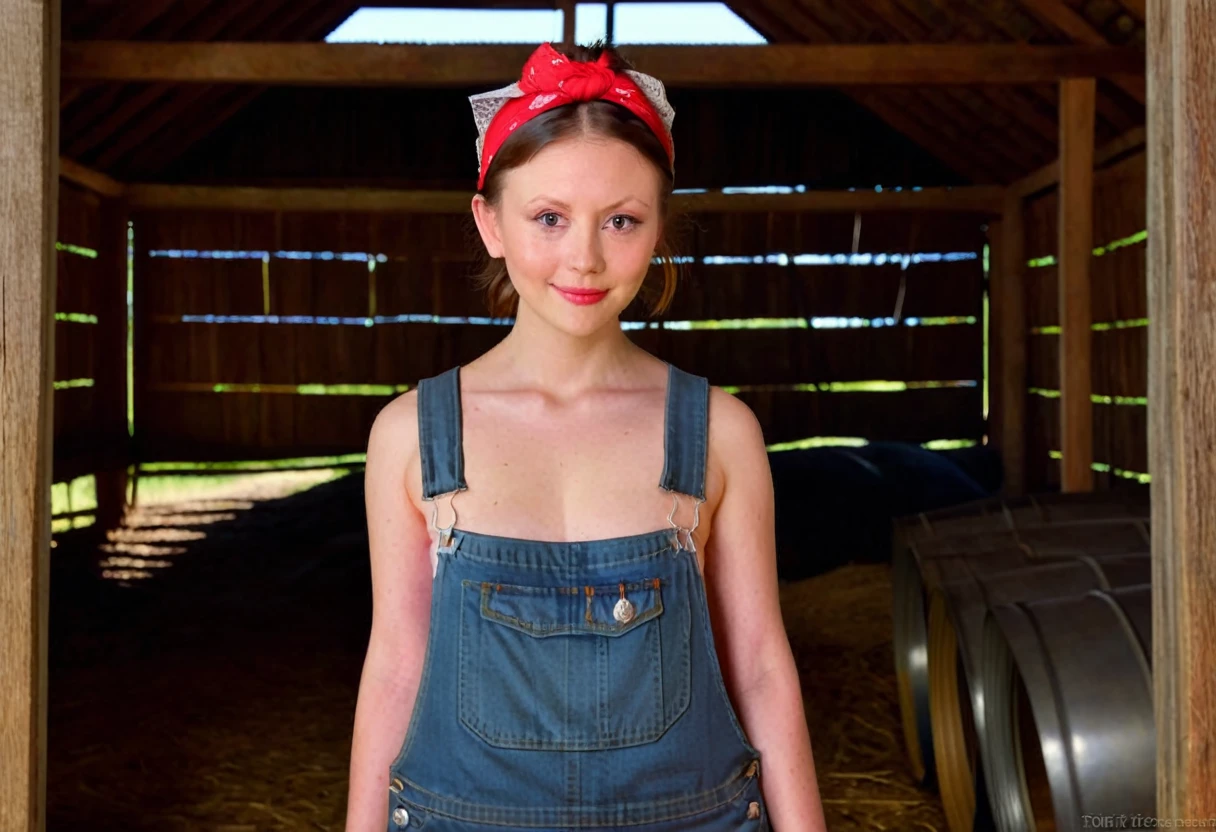 m1ag0th woman, hair bun, red bandana, wearing only overalls, in a barn, pearl movie