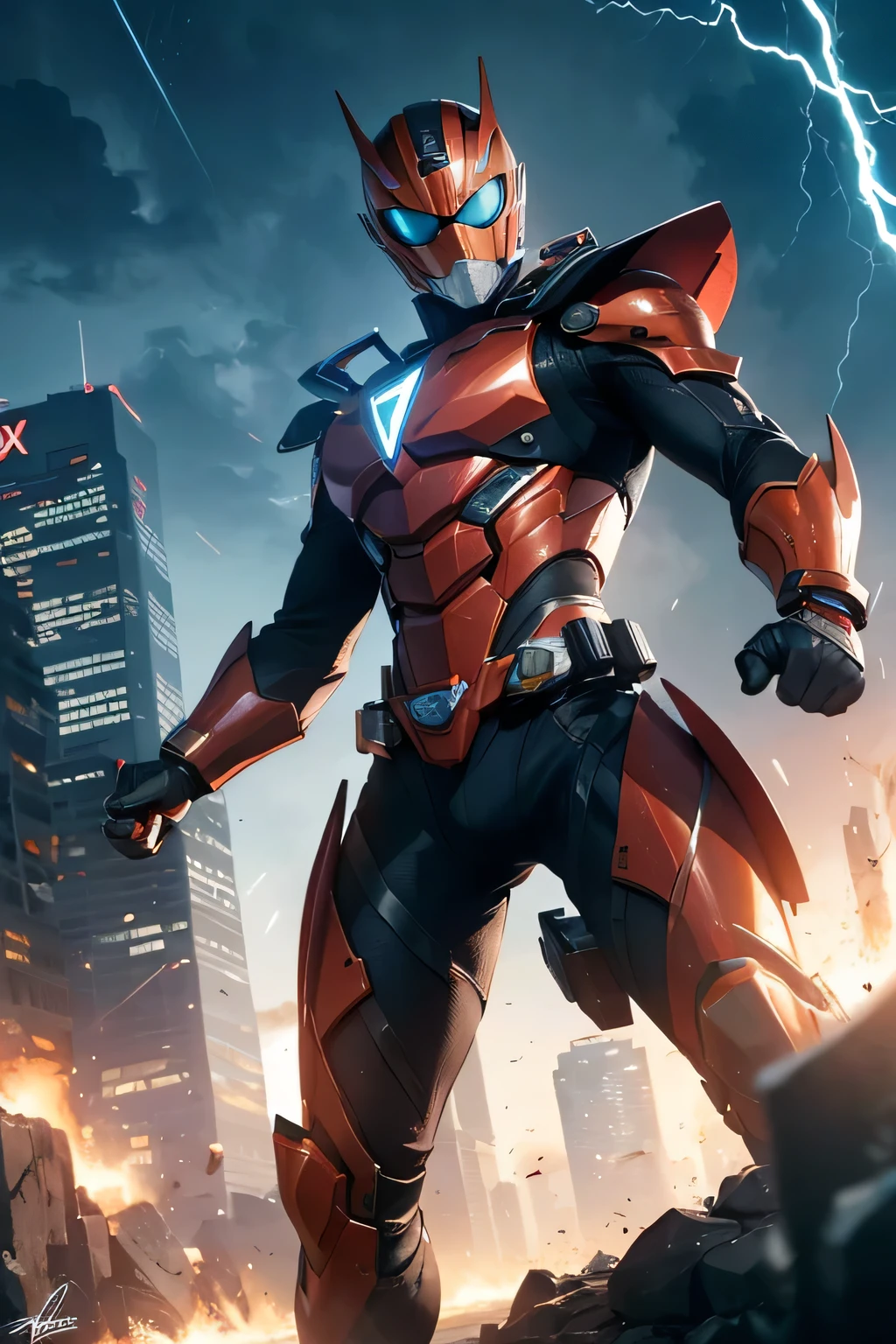 >(best quality,4k,8k,highres,masterpiece:1.2),ultra-detailed,(realistic,photorealistic,photo-realistic:1.37),kamen rider,masked rider,kamen rider transformations,kamen rider belt,heroic figure,motorcycle rider,black and red armor,battle pose,action-packed scene,city skyline,explosions,dark colors,combining powers,superhuman strength,high-tech weaponry,lightning effects,slashing motion,signature catchphrase,defending justice,dynamic composition,motion blur,gritty atmosphere,powerful kicks,supercharged energy,emblem on chest,accelerated movements,animated motion lines,blazing trail of fire,time-traveling,protecting the innocent,fighting evil forces,special attacks,unyielding determination,unstoppable hero