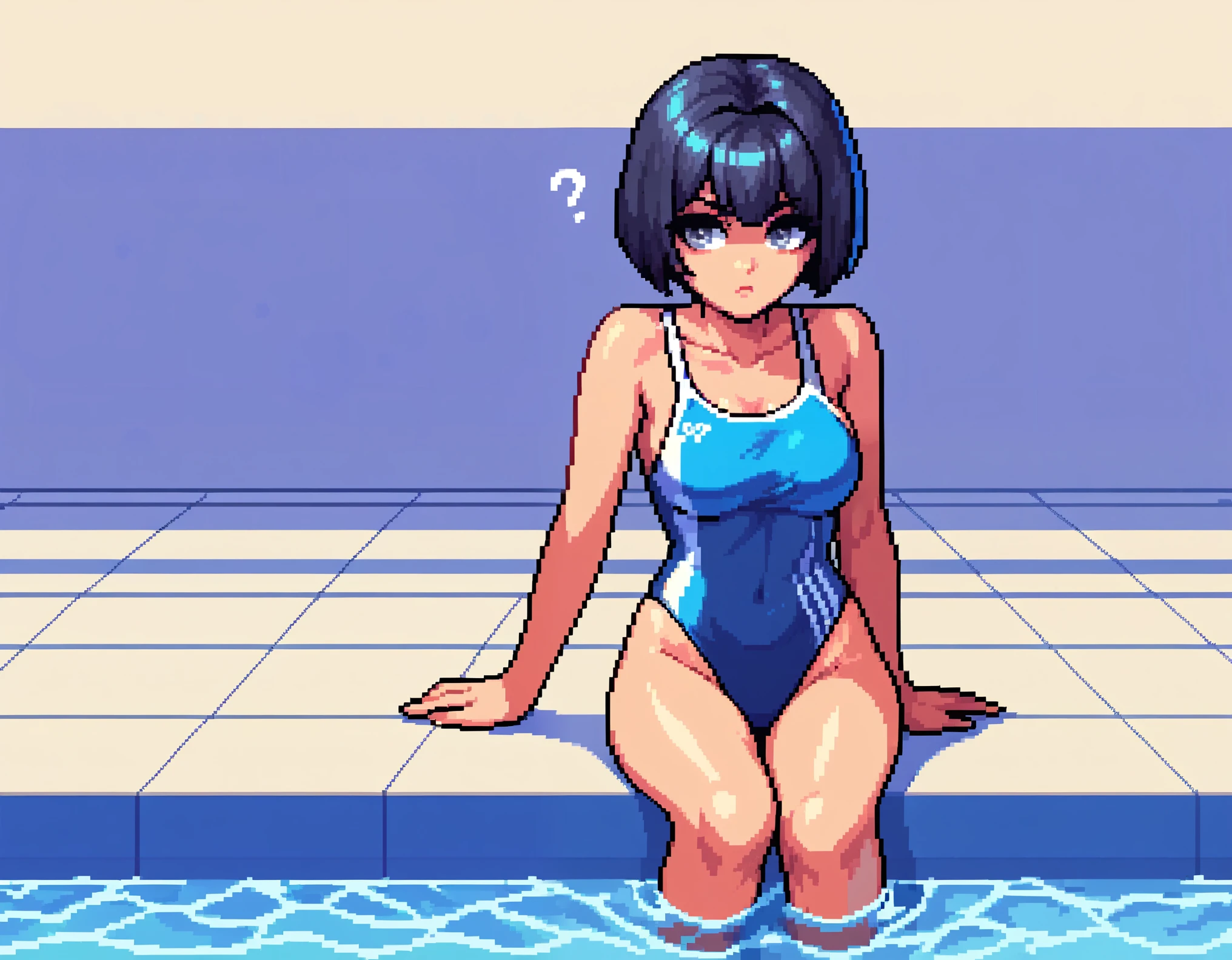 score_9, score_8_up, score_7_up, pixel art, 1girl,long shot, pool background, wearing a monokini, lovely lighting, bob cut hair, grey eyes, confused expression
