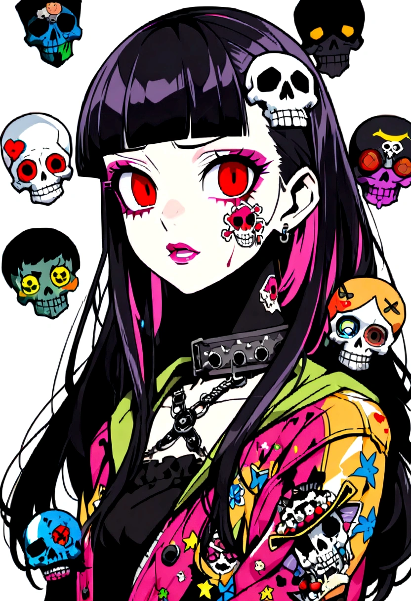 Red eyes、Black Hair、Black Feather、Gothic Punk、tears,anime zombie witch design, crossbones, skulls, street wear design, pro vector, Horror style, full design, 6 colors only, solid colors, no shadows, full design, sticker, bright colors, white background.super fine illustration,(((beautiful fine hair))),(((beautiful fine face))),(((beautiful fine background))),(((beautiful fine hair))),(((beautiful fine face))),(((beautiful fine background)))、Black Hair、blunt bangs