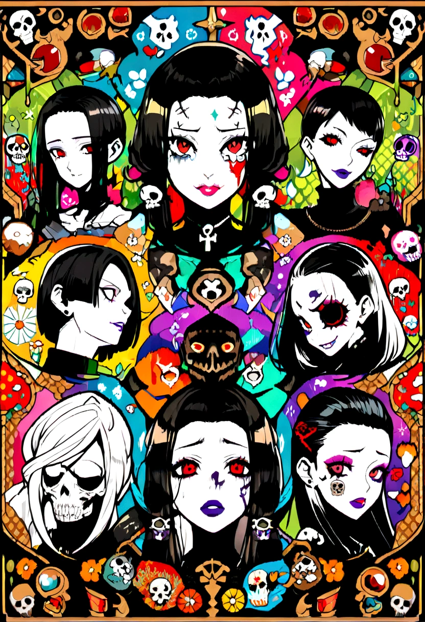Red eyes、Black Hair、Black Feather、Gothic Punk、tears,anime zombie witch design, crossbones, skulls, street wear design, pro vector, Horror style, full design, 6 colors only, solid colors, no shadows, full design, sticker, bright colors, white background.super fine illustration,(((beautiful fine hair))),(((beautiful fine face))),(((beautiful fine background))),(((beautiful fine hair))),(((beautiful fine face))),(((beautiful fine background)))、Black Hair、blunt bangs