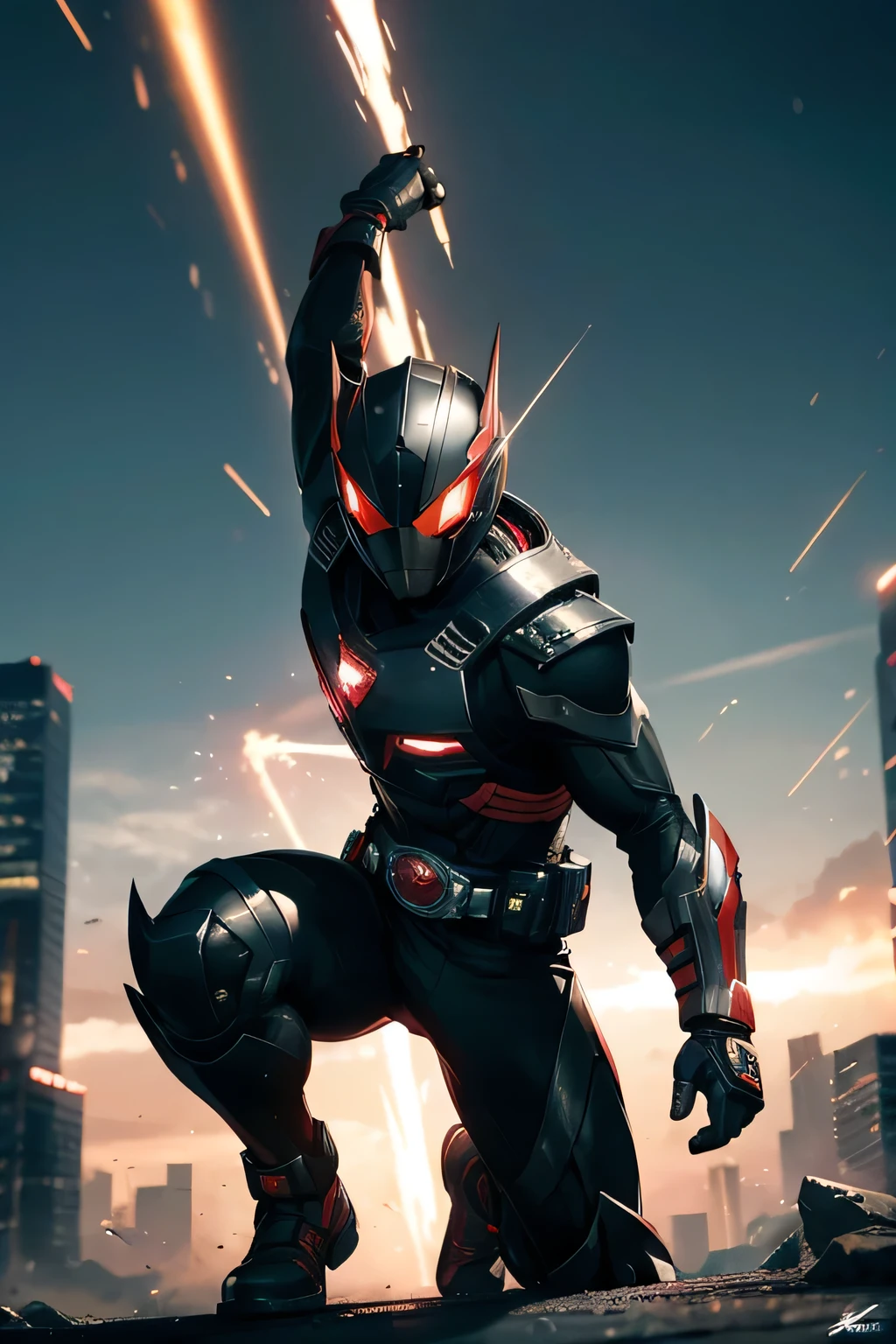 >(best quality,4k,8k,highres,masterpiece:1.2),ultra-detailed,(realistic,photorealistic,photo-realistic:1.37),kamen rider,masked rider,kamen rider transformations,kamen rider belt,heroic figure,motorcycle rider,black and red armor,battle pose,action-packed scene,city skyline,explosions,dark colors,combining powers,superhuman strength,high-tech weaponry,lightning effects,slashing motion,signature catchphrase,defending justice,dynamic composition,motion blur,gritty atmosphere,powerful kicks,supercharged energy,emblem on chest,accelerated movements,animated motion lines,blazing trail of fire,time-traveling,protecting the innocent,fighting evil forces,special attacks,unyielding determination,unstoppable hero