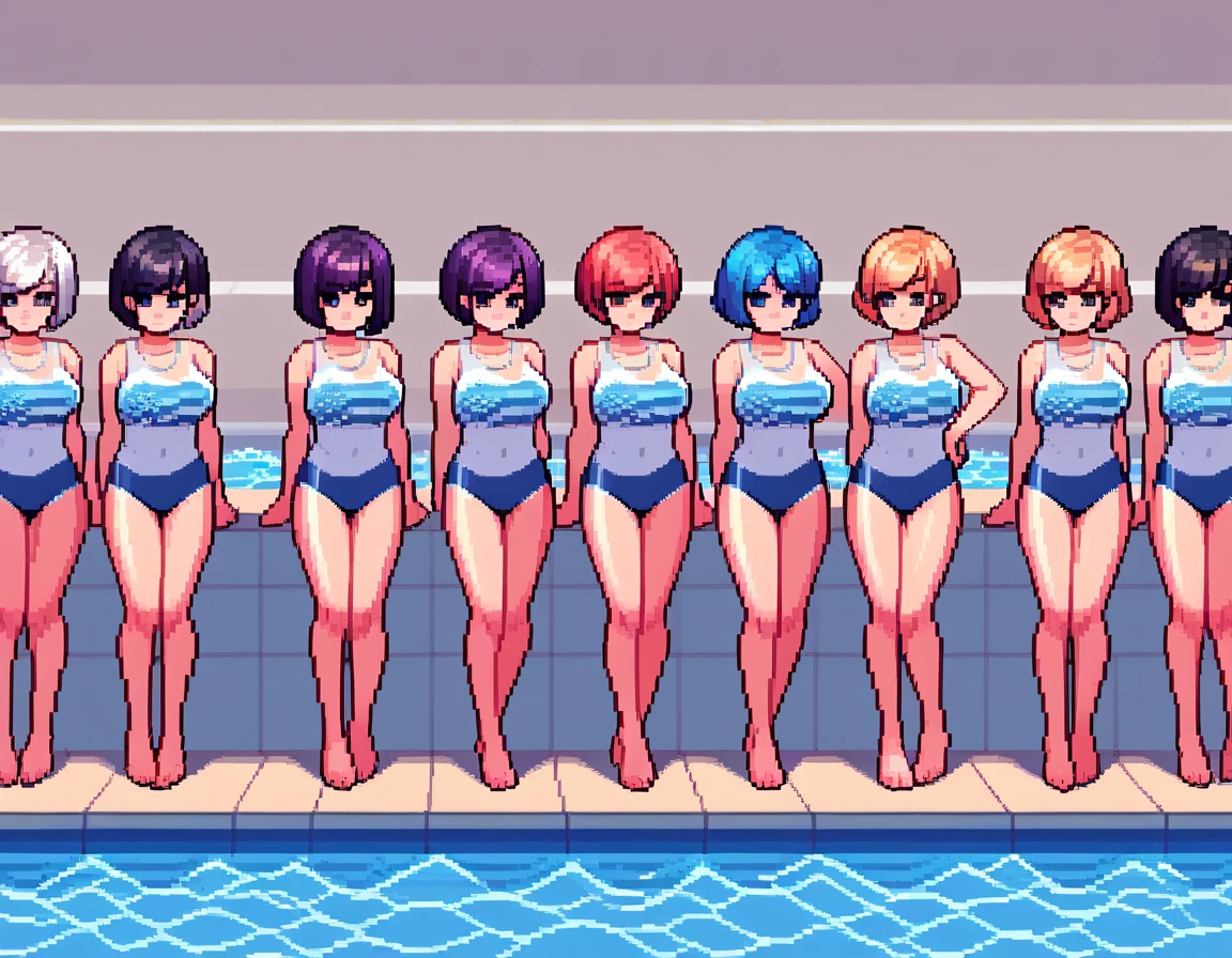 score_9, score_8_up, score_7_up, pixel art, 5girls, long shot, pool background, wearing a monokini, lovely lighting, bob cut hair, grey eyes, confused expression
