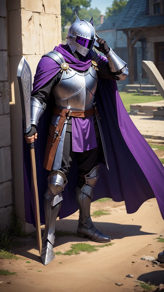 Knight wearing a flat helmet that covers the face, with a purple cape and holds an axe