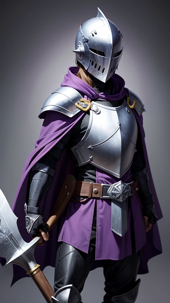 Knight wearing a flat helmet that covers the face, with a purple cape and holds an axe