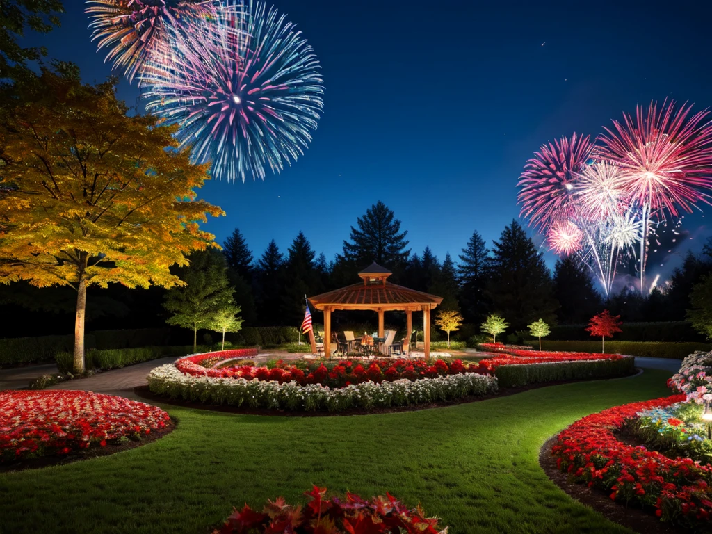 colorful garden, large Canadian flag, fireworks, maple leaves, patriotic, realistic, vibrant colors, 4k, 8k, high quality, extremely detailed, photorealistic, professional, studio lighting, bokeh, magical