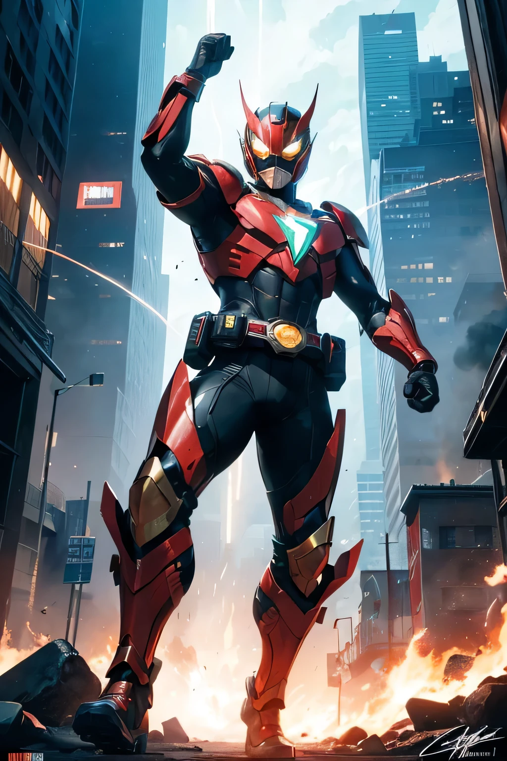 >(best quality,4k,8k,highres,masterpiece:1.2),ultra-detailed,(realistic,photorealistic,photo-realistic:1.37),kamen rider,masked rider,kamen rider transformations,kamen rider belt,heroic figure,motorcycle rider,black and red armor,battle pose,action-packed scene,city skyline,explosions,dark colors,combining powers,superhuman strength,high-tech weaponry,lightning effects,slashing motion,signature catchphrase,defending justice,dynamic composition,motion blur,gritty atmosphere,powerful kicks,supercharged energy,emblem on chest,accelerated movements,animated motion lines,blazing trail of fire,time-traveling,protecting the innocent,fighting evil forces,special attacks,unyielding determination,unstoppable hero