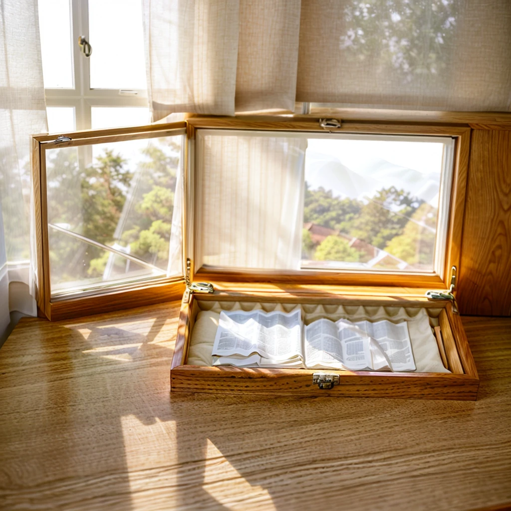 In this cozy room，A ray of sunlight shone through the half-drawn curtains on the table，Let the wood grain on the watch storage box shine with a faint luster。There was a calm and peaceful atmosphere in the air around them。There are several still lifes hanging on the walls of the room，It adds a touch of elegance to the space。And on the other side of the room，The half-open window lets in the breeze，The pages on the small desk by the window turned in the wind，This quiet scene gives a sense of tranquility and comfort。

