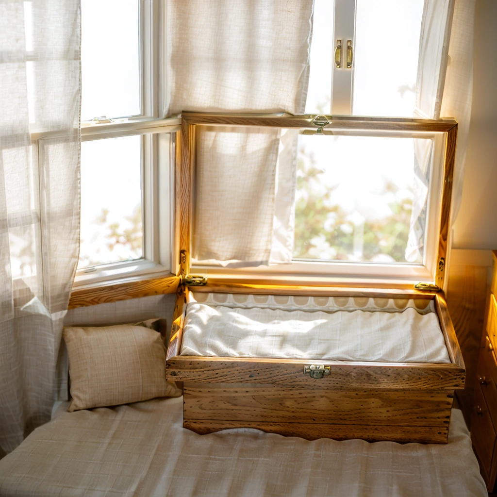 In this cozy room,A ray of sunlight shone through the half-drawn curtains on the table,Let the wood grain on the watch storage box shine with a faint luster。There was a calm and peaceful atmosphere in the air around them。There are several still lifes hanging on the walls of the room,It adds a touch of elegance to the space。And on the other side of the room,The half-open window lets in the breeze,The pages on the small desk by the window turned in the wind,This quiet scene gives a sense of tranquility and comfort。