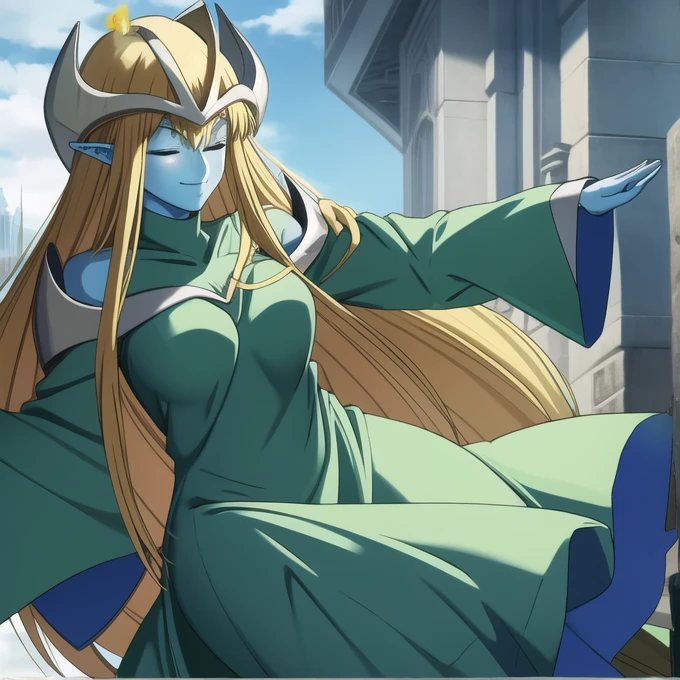 mysticalygo, mystical elf, smile, friendly look, medium breasts, eyes closed, green dress, large long skirt, sleeve cover hands, no hands, large long sleeves, blue skin, blonde hair, long hair, Yugioh, city, park ground 