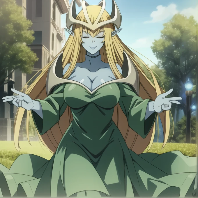 mysticalygo, mystical elf, smile, friendly look, medium breasts, eyes closed, green dress, large long skirt, sleeve cover hands, no hands, large long sleeves, blue skin, blonde hair, long hair, Yugioh, city, park ground 