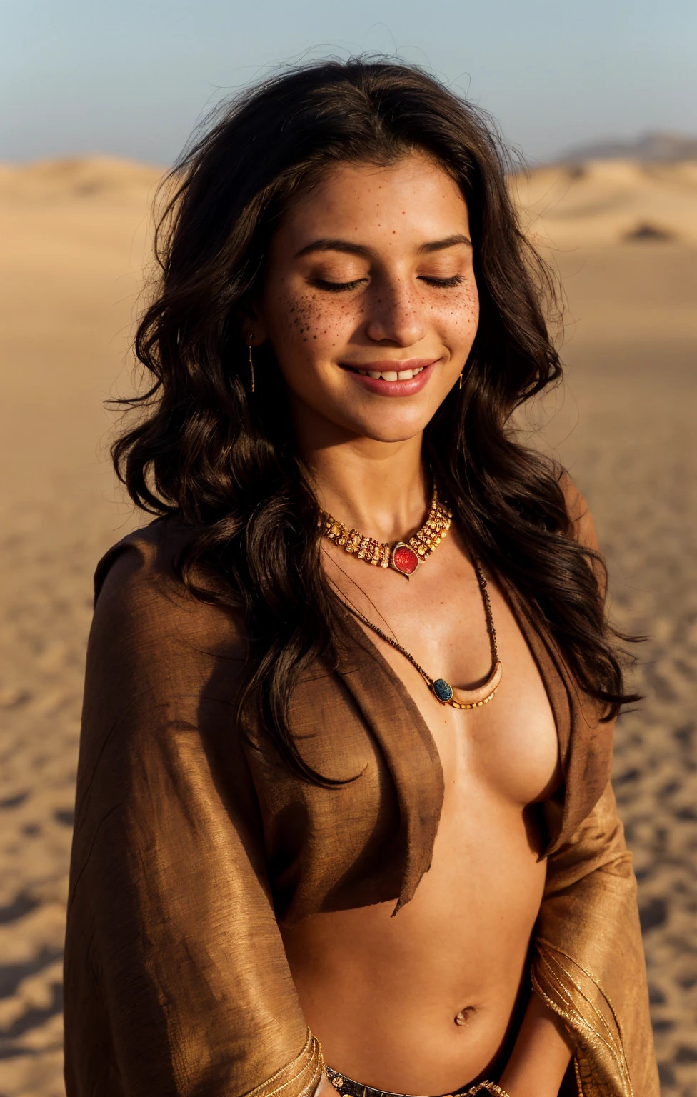 (Close-up, editorial photograph of a 20 year old woman), (highly detailed face:1.4) (smile:0.7) (background inside dark, moody, private study:1.3) POV, by lee jeffries, nikon d850, film stock photograph ,4 kodak portra 400 ,camera f1.6 lens ,rich colors, hyper realistic ,lifelike texture, dramatic lighting , cinestill 800, wavy hair, messy hair, Mischievous smirk, Black hair, freckles, Closed Eyes, jewels, necklace, Arabic Cloak, Arabic Scarf, Arabic Hijab, Astral Plane, Black Round Sunglasses, Ozzy Osbourn Sunglasses, Sun, Sand, Desert, Arabian expressions, Egyptian woman, Arabian skin, Golden Aura, shadow queen