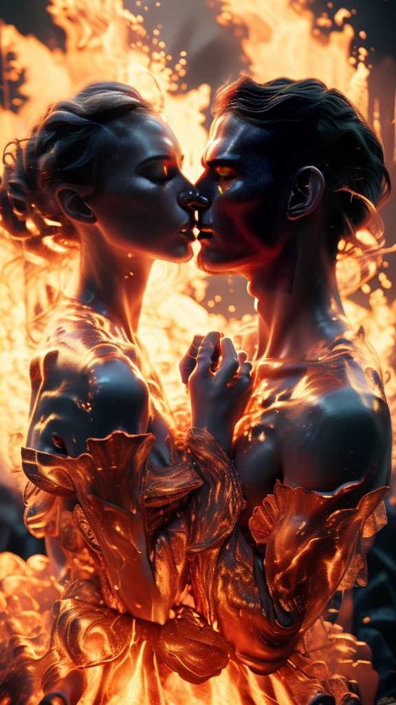 masterpiece，best quality，Extremely detailed，high resolution，1 romantic couple，flame，Dynamic Scene Scale 1.3，Romantic couple kissing in the fire，Firestorm，on fire，Bizarre fantasy image，Excellent skin texture，Magic Circle，Casting a Spell，strange，紫色strength，strength，fiery，meteor。