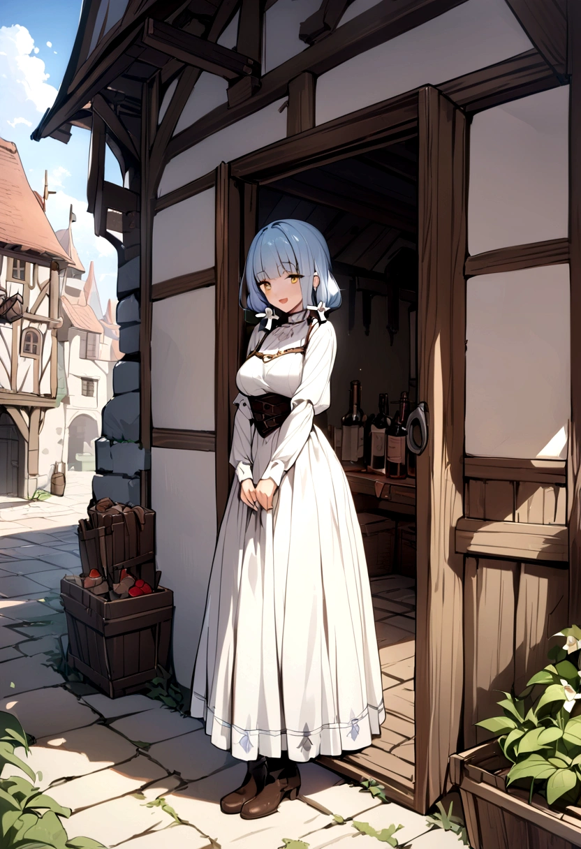 (Medieval Europe:1.2),(best quality,high resolution,masterpiece:1.2),(Stills),(Sunny atmosphere:1.3),Front view,(1 beautiful woman),(A 23-year-old female),(Depth of Field),(Outdoor during the day,:1.2),Blue Hair,Yellow eyes,short hair,Shy posture,Open mouth smile,