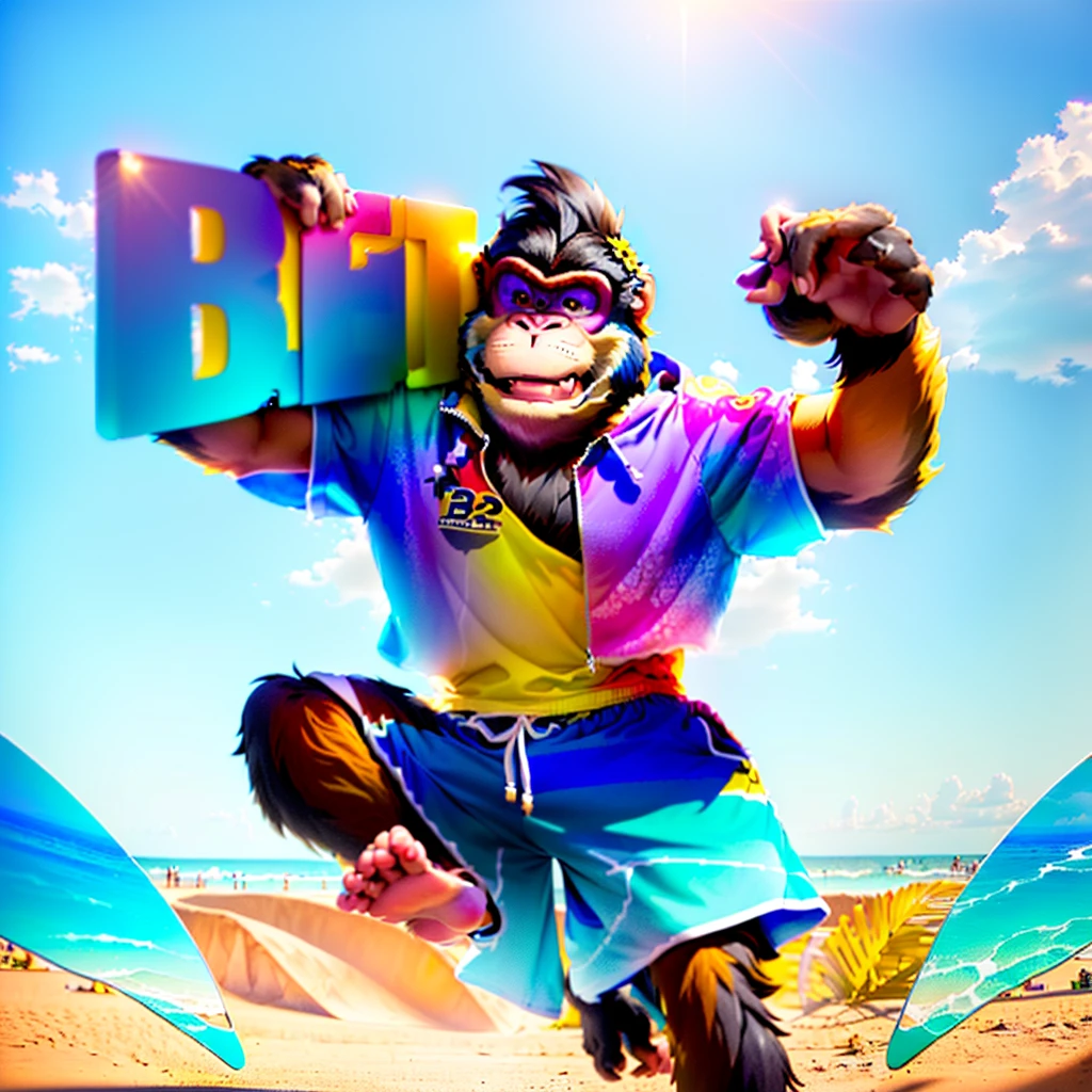 A monkey with the letter "bet" on his right shoulder, wearing a floral shirt, beach shorts, flip-flops, high saturation colors, Disney style, 8k,--ar3:4
