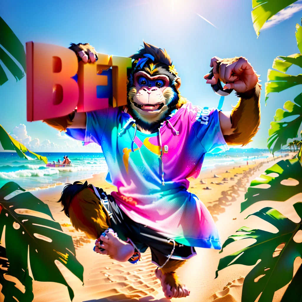 A monkey with the letter "bet" on his right shoulder, wearing a floral shirt, beach shorts, flip-flops, high saturation colors, Disney style, 8k,--ar3:4