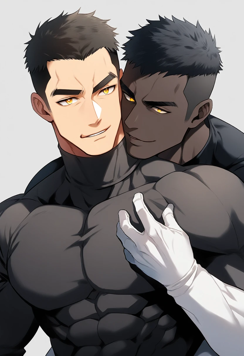 anime characters：Two superheroes in tights, Muscle superhero, negro black skin, They hugged and kissed each other, Bite your neck, Caress, Manliness, male focus, Yellow and black high collar long sleeve tight T-shirt, Slightly transparent material, Very tight, Round, full and perky chest muscles, Muscle waist, Slightly transparent, muscular male, muscular, only, Upper body, alone, Black short hair, Thick eyebrows, stubble, Yellow eyes, Grey background, simple background, amazing quality, best aesthetics, Ridiculous, bright pupils, crew cut, parted lips, seductive smile, torogao, naughty face, drop shadow, best quality