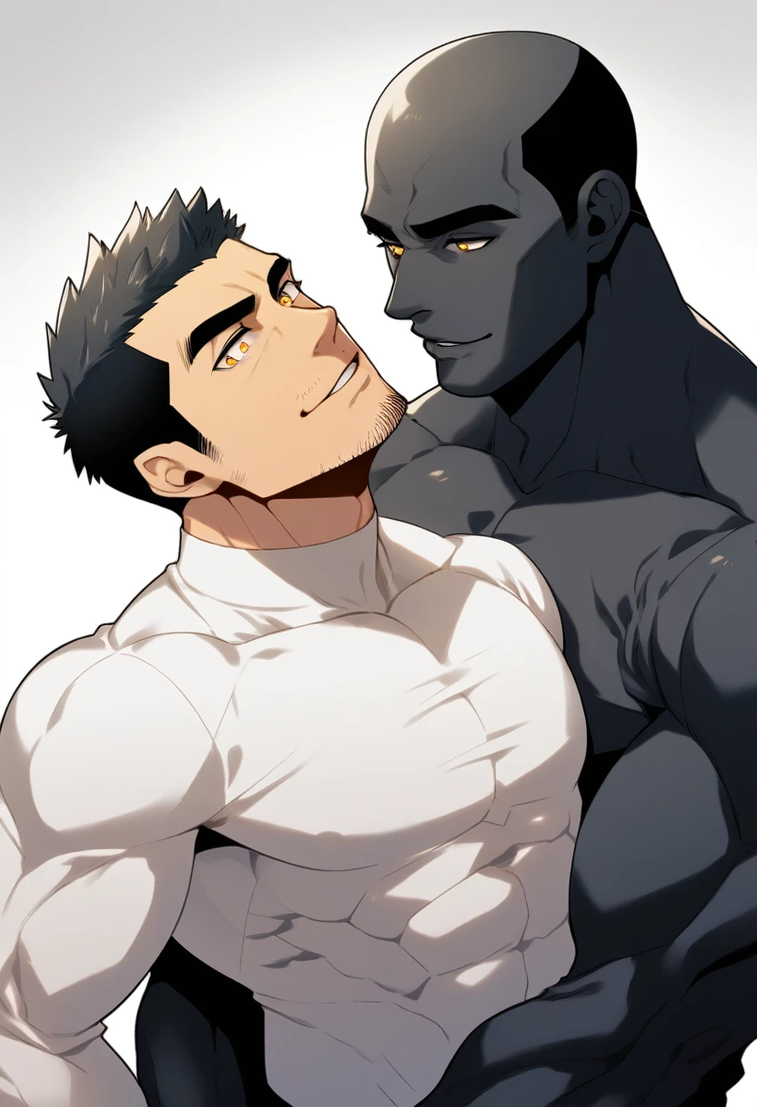 anime characters:Two superheroes in tights, Muscle superhero, negro black skin, They hugged and kissed each other, Bite your neck, Caress, Manliness, male focus, Yellow and black high collar long sleeve tight T-shirt, Slightly transparent material, Very tight, Round, full and perky chest muscles, Muscle waist, Slightly transparent, muscular male, muscular, only, Upper body, alone, Black short hair, Thick eyebrows, stubble, Yellow eyes, Grey background, simple background, amazing quality, best aesthetics, Ridiculous, bright pupils, crew cut, parted lips, seductive smile, torogao, naughty face, drop shadow, best quality