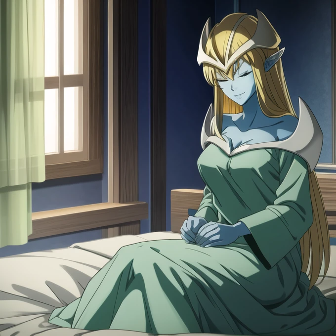 mysticalygo, mystical elf, smile, friendly look, medium breasts, eyes closed, green dress, large long skirt, sleeve cover hands, no hands, large long sleeves, blue skin, blonde hair, long hair, Yugioh, sitting, bed, room