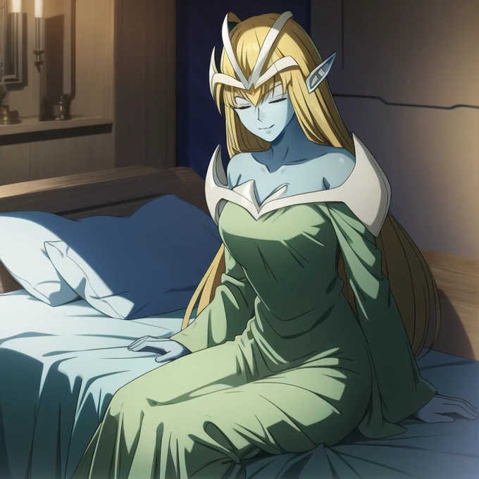 mysticalygo, mystical elf, smile, friendly look, medium breasts, eyes closed, green dress, large long skirt, sleeve cover hands, no hands, large long sleeves, blue skin, blonde hair, long hair, Yugioh, sitting, bed, room