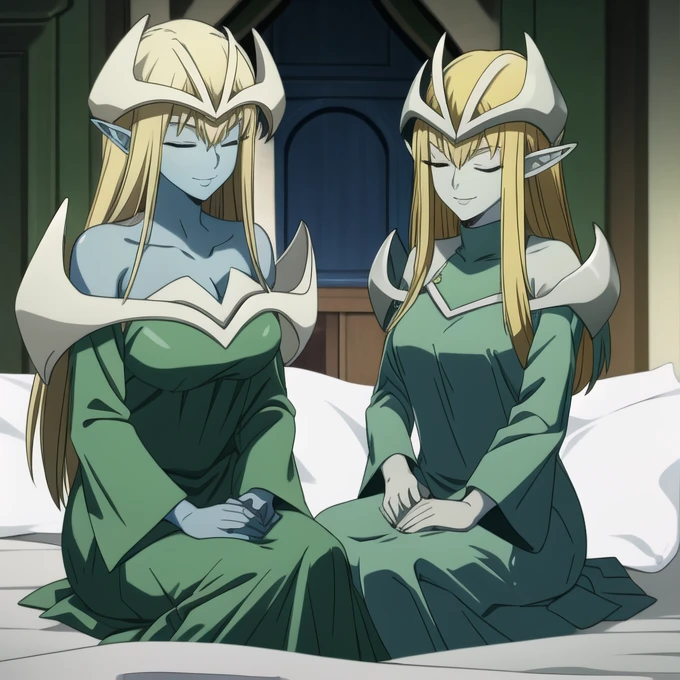 mysticalygo, mystical elf, smile, friendly look, medium breasts, eyes closed, green dress, large long skirt, sleeve cover hands, no hands, large long sleeves, blue skin, blonde hair, long hair, Yugioh, sitting, bed, room