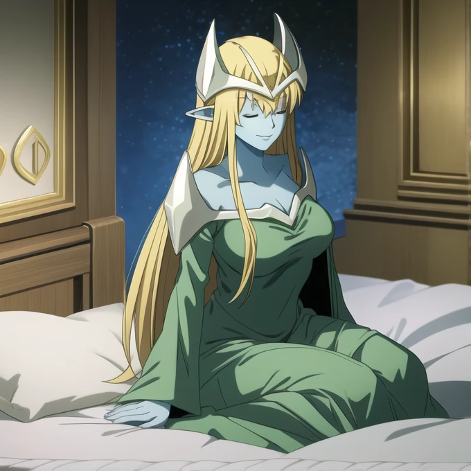 mysticalygo, mystical elf, smile, friendly look, medium breasts, eyes closed, green dress, large long skirt, sleeve cover hands, no hands, large long sleeves, blue skin, blonde hair, long hair, Yugioh, sitting, bed, room