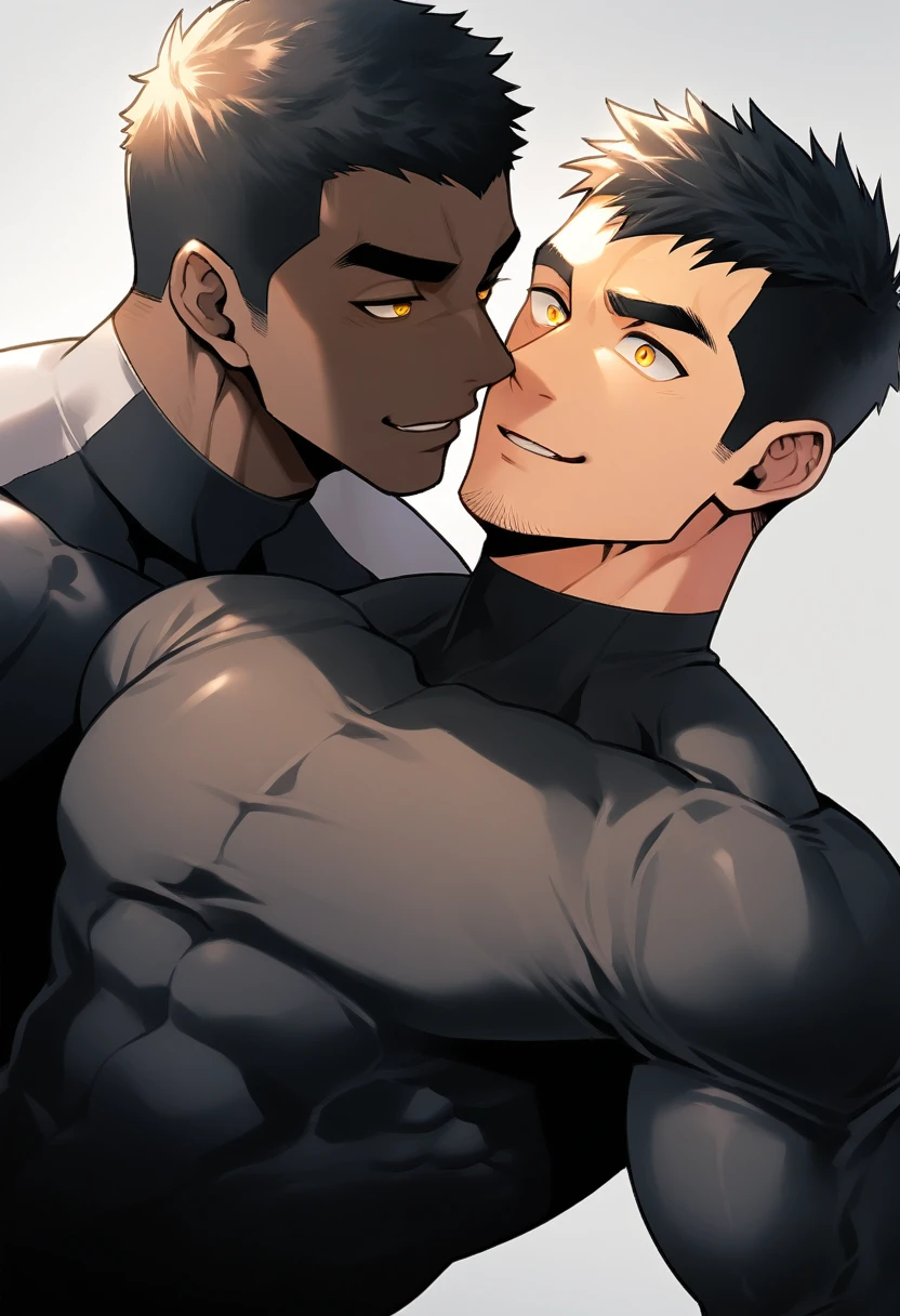 anime characters:Two superheroes in tights, Muscle superhero, negro black skin, They hugged and kissed each other, Bite your neck, Caress, Manliness, male focus, Yellow and black high collar long sleeve tight T-shirt, Slightly transparent material, Very tight, Round, full and perky chest muscles, Muscle waist, Slightly transparent, muscular male, muscular, only, Upper body, alone, Black short hair, Thick eyebrows, stubble, Yellow eyes, Grey background, simple background, amazing quality, best aesthetics, Ridiculous, bright pupils, crew cut, parted lips, seductive smile, torogao, naughty face, drop shadow, best quality