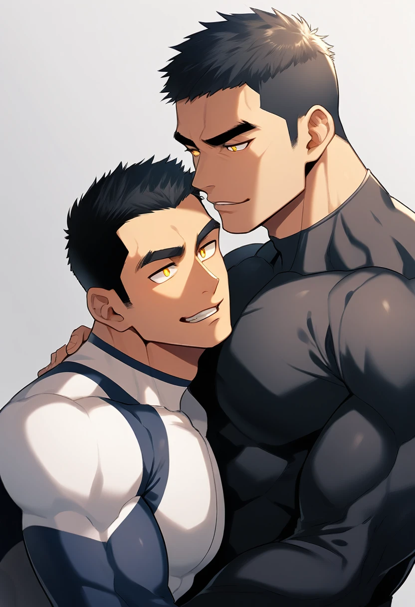 anime characters：Two superheroes in tights, Muscle superhero, negro black skin, They hugged and kissed each other, Bite your neck, Caress, Manliness, male focus, Yellow and black high collar long sleeve tight T-shirt, Slightly transparent material, Very tight, Round, full and perky chest muscles, Muscle waist, Slightly transparent, muscular male, muscular, only, Upper body, alone, Black short hair, Thick eyebrows, stubble, Yellow eyes, Grey background, simple background, amazing quality, best aesthetics, Ridiculous, bright pupils, crew cut, parted lips, seductive smile, torogao, naughty face, drop shadow, best quality