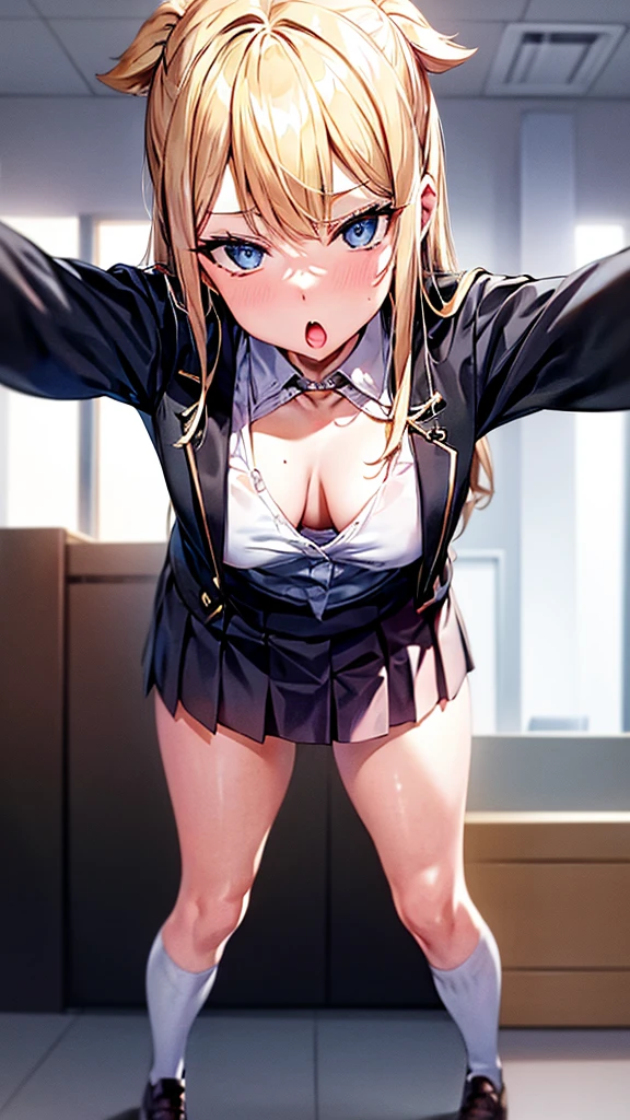 Bully student approaches me, while im in the floor, with a perverse face as I am a nerd, wearing short skirt, blonde hair, blue eyes, small firm breasts, long sexy legs, bad girl. very tall girl, photo from below the girl, bully, anger face, full body photo, perspective from the ground