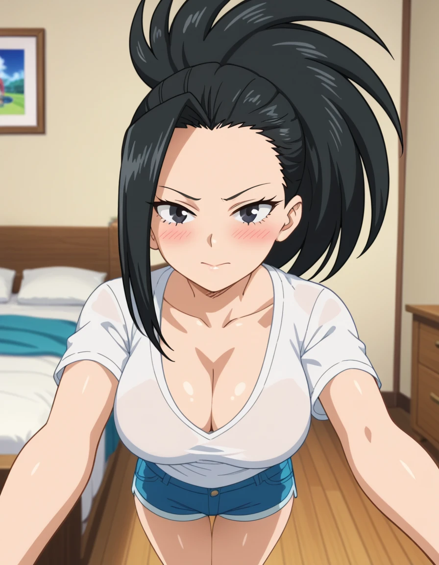 score_6_up, best quality, anime screencap, 1girl, yaoyorozu momo, long hair, black hair, ponytail, black eyes, high ponytail, big breasts, white T-shirts, short pants, cleavage, bedroom, standing, looking at viewer, pov, blush