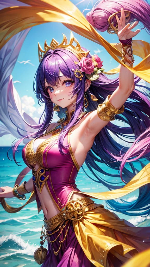 fantasy world girl with colorful hair, accessories, detailed clothes