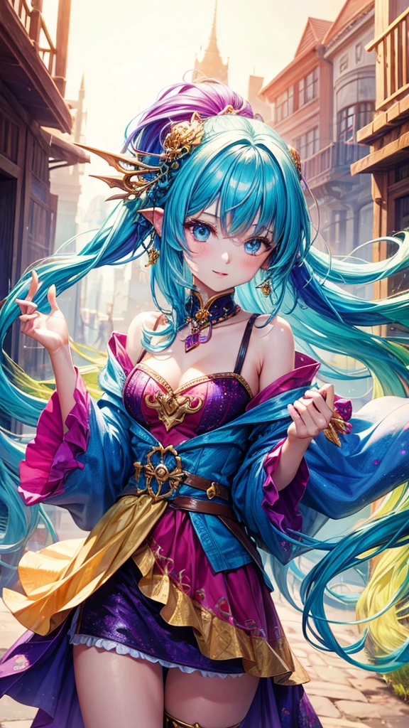 fantasy world girl with colorful hair, accessories, detailed clothes