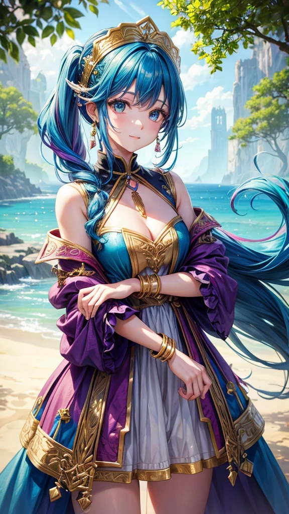 fantasy world girl with colorful hair, accessories, detailed clothes