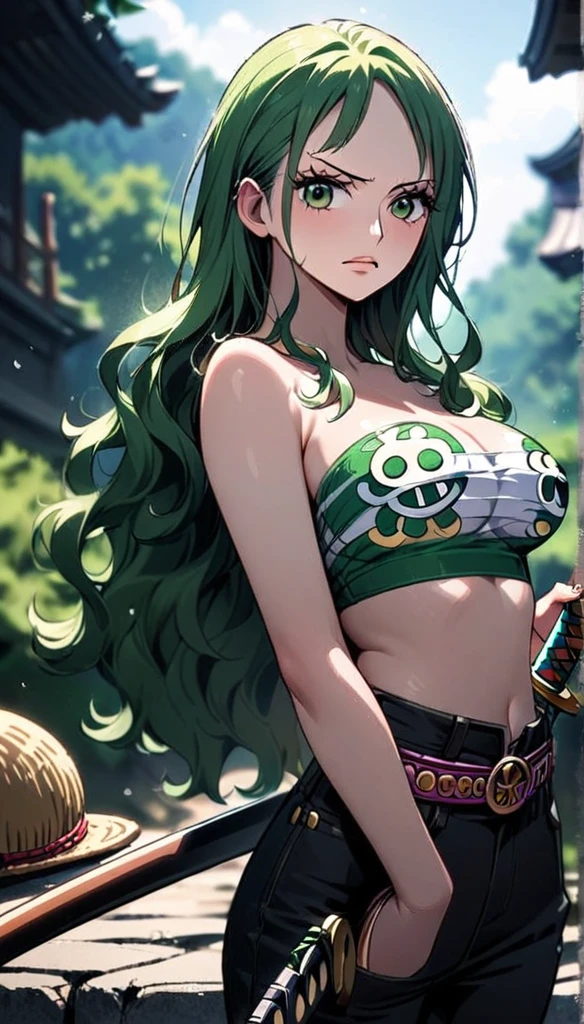 masterpiece, best quality), intricate details, 1 girl, woman, green hair, zoro \ (one piece\), (long hair), shirt, white shirt, female focus, clothes, green colour kimono, sarashi, nature, scenery, upper body, straw hat, ((front view)) ((close up shot)) ((solo)) ((hair over one side of face)) detailed, very high resolution, no blurry image, full body, green eyes, sligh wavy hair, ((zoro from one piece)) ((female zoro from one piece)), holding katana