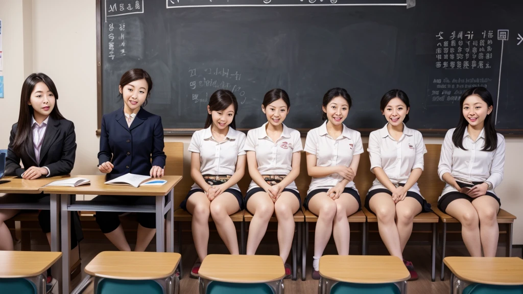 A Korean teacher giving instructions to her students how to masturbate correctly, there are five students in front of the blackboard with their legs open masturbating