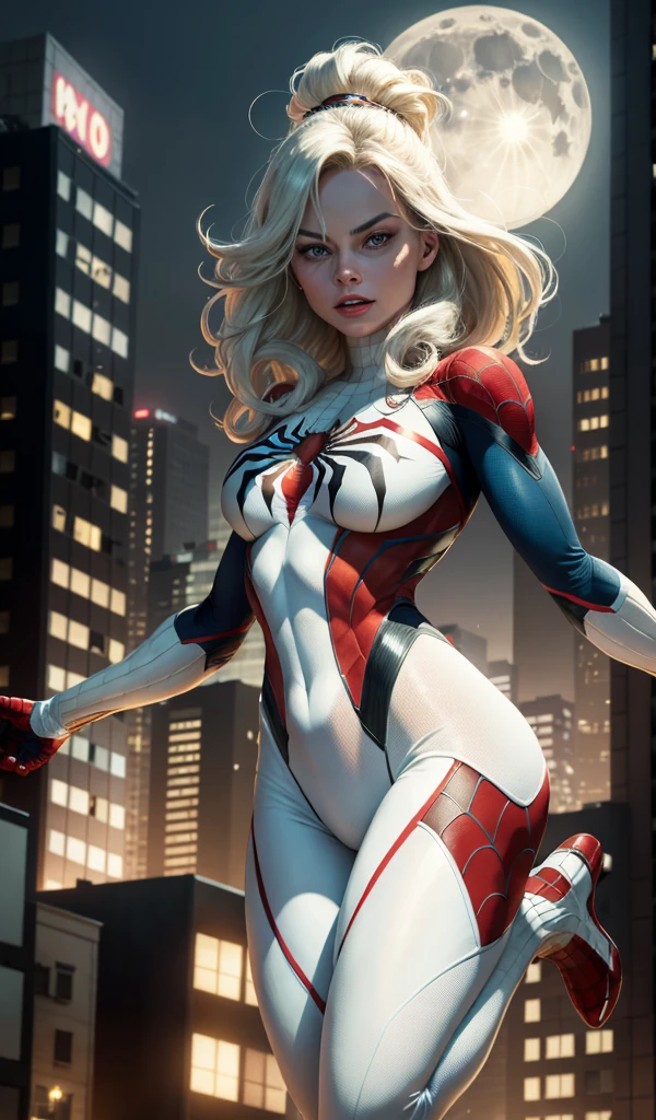 Margot Robbie (Masterpiece, 4k resolution, ultra-realistic, very detailed), (White superhero theme, charismatic, there's a girl at the top of town, wearing Spider-Man costume, she's a superhero), [ (25 years), ( long white hair:1.2), full body, (blue eyes:1.2), ((Spider-Man pose), show of strength, jumping from one building to another), ((sandy urban environment):0.8)| (cityscape, at night, dynamic lights), (full moon))] # Explanation: The Prompt mainly describes a 4K painting of ultra-high definition, torn suit, very realistic, very detailed. It shows a superheroine at the top of the city, wearing a Spider-Man costume. The theme in the painting is a white superhero theme, the female protagonist has long white hair, is 25 years old and her entire body is shown in the painting. In terms of portraying the actions of superheroines, spiders are employed  