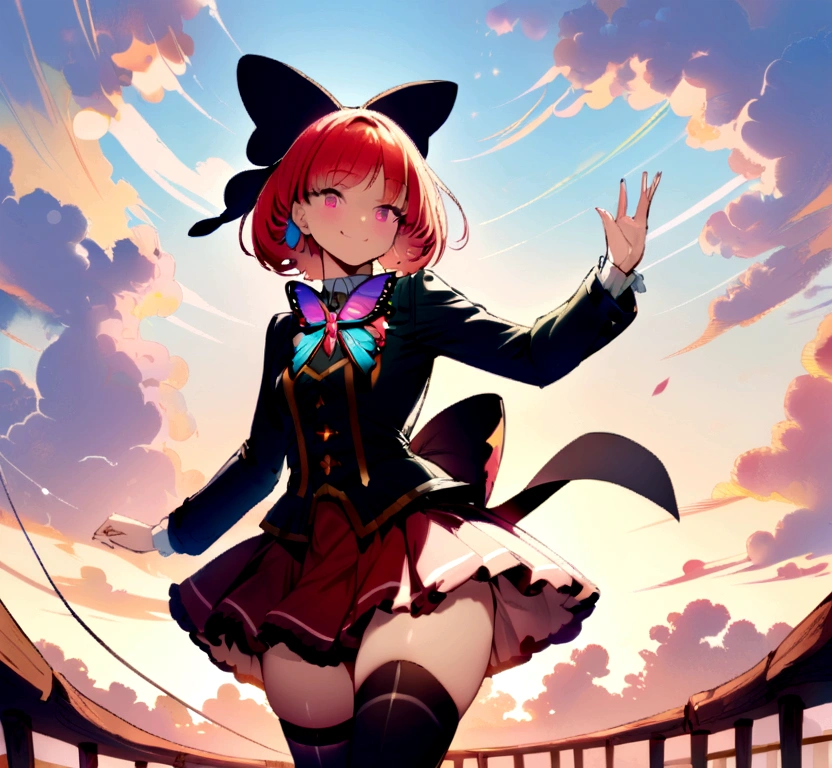 masterpiece, high quality, 1girl, solo, cheria barnes, butterfly brooch, ribbon, bow, skirt, back bow, shirt, long sleeves, thighhighs, outdoors, smile, 