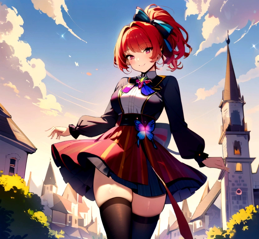 masterpiece, high quality, 1girl, solo, cheria barnes, butterfly brooch, ribbon, bow, skirt, back bow, shirt, long sleeves, thighhighs, outdoors, smile,