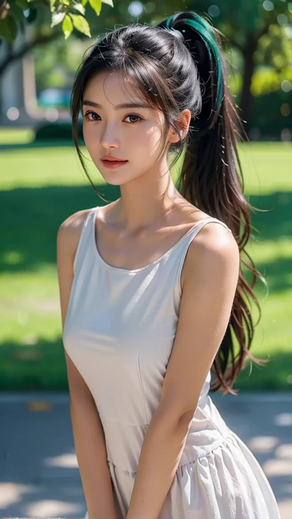 dress,outdoors,Urban Park,On the lawn,One woman,close up face,fully body photo,masutepiece, The highest image quality, High quality, the background is clear,Beautiful woman, Japanese, Detailed, Ultra-detailed, finely detail, hight resolution, 8K Wallpaper, Perfect dynamic composition, Beautiful detailed eyes ,Detailed eyes, Detailed skin, Beautiful skin, 超hight resolution, (reality: 1.4),Very beautiful woman, Slightly younger face, Beautiful skin, slender, (Ultra photo realsisim), (hight resolution), (8K), (Very detailed) (beautifully detailed eyes), (super detailed), (Detailed face), view the viewer, Fine details, Detailed face, Staring straight ahead, Staring straight ahead, photos realistic, Bright lighting, Professional Lighting, Black hair,poneyTail,a baby face,sixteen years old,Hairstyle: ponytail,Long ponytail hairstyle,slight smile,