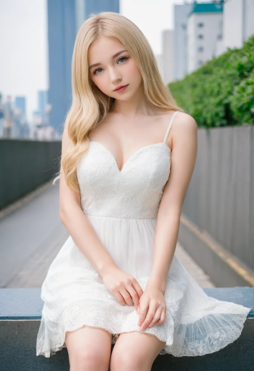 Leila、、（Russian women）、（（（Cute face:1.6）））、Thin contours、Grey Eyes、、Blonde medium-long hair、Big Breasts、Model Style、（（（whole body:1.8）））、White dress、Inside the city of Tokyo