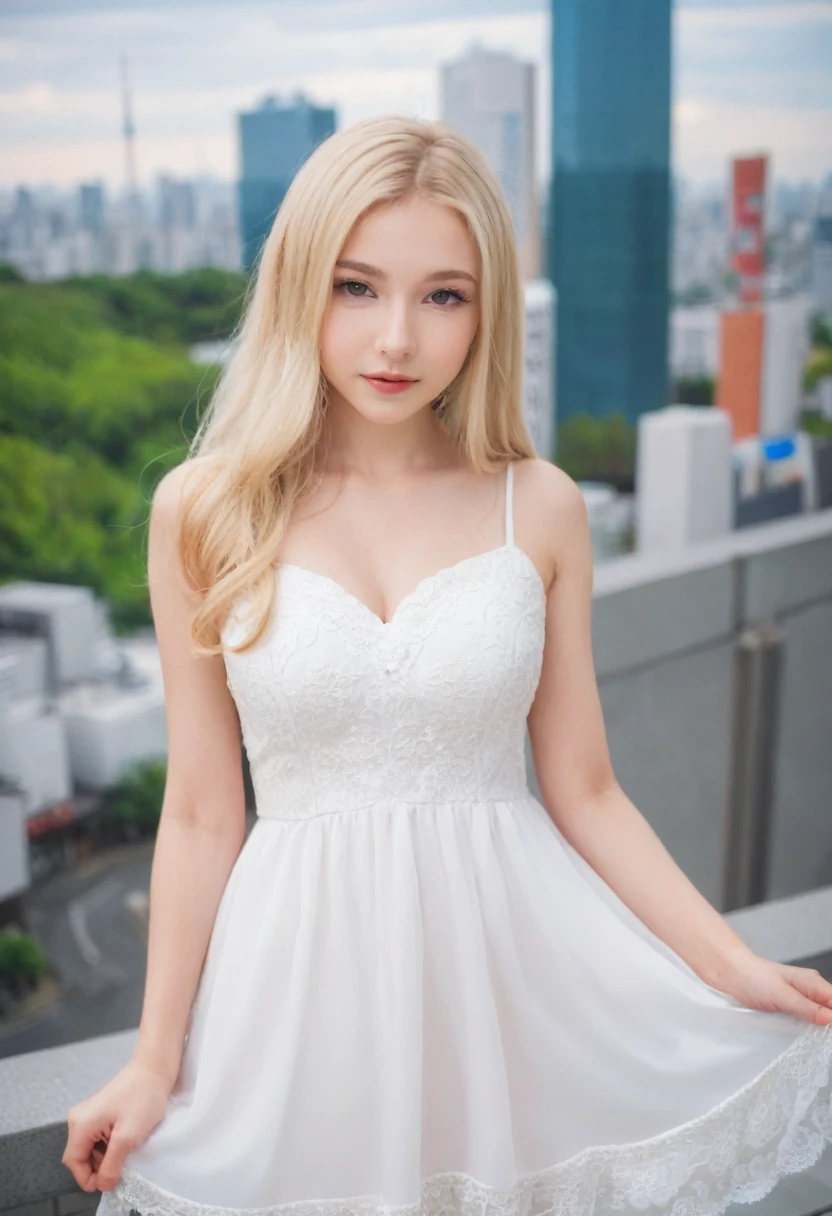 Leila、15 years old、（Russian women）、（（（Cute face:1.6）））、Thin contours、Grey Eyes、、Blonde medium-long hair、Big Breasts、Model Style、（（（whole body:1.8）））、White dress、Inside the city of Tokyo