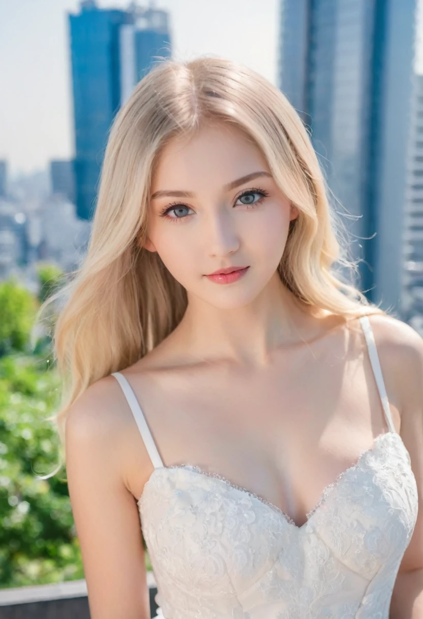 Leila、15 years old、(Russian women)、(((Cute face:1.6)))、Thin contours、Grey Eyes、、Blonde medium-long hair、Big Breasts、Model Style、(((whole body:1.8)))、White dress、Inside the city of Tokyo