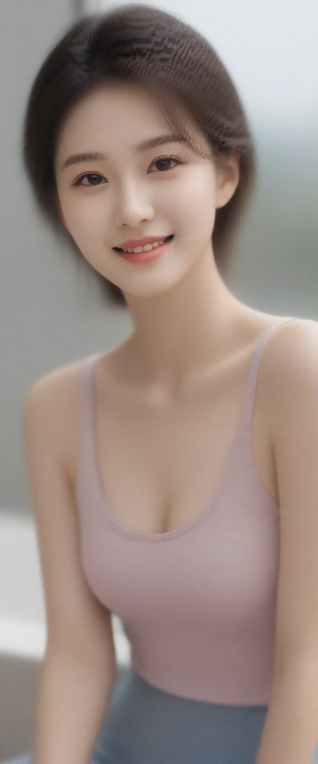 uhd, beautiful korean woman, 32 inch chest size, smile slightly , wearing a tank top, rest one&#39;s chin on one hand, on wooden table, bokeh background