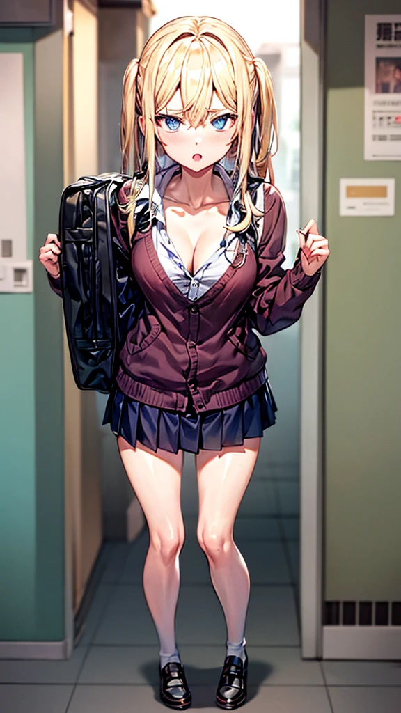 Bully student approaches me, while im in the floor, with a perverse face as I am a nerd, wearing short skirt, blonde hair, blue eyes, small firm breasts, long sexy legs, bad girl. very tall girl, bully, anger face, full body photo, perspective from the ground