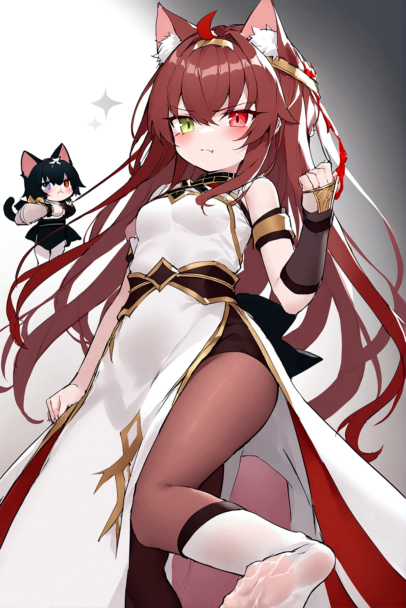 cartoon,high quality,The background is the valley bottom,Weak sunlight,There are several small trees,White and tender skin,High Detail,Cute girl ninja,Cat ear,White hair,右侧Cat ear上有一枚金色耳环,Ear clogs,Black tabi,Red and white striped gloves,Left hand holding a long dagger,There is red liquid flowing down the dagger,Heterochromia,Red right eye Green left eye,Wearing amulets,The right forearm is tied with a decorative thin white bandage,The bandage is painted with simple black symbol totem,Red and white themed ninja costume,Angry expression,In the right hand, he holds a small gold-rimmed scroll.,Lean back,A little embarrassing,Tenaciously supporting the body and standing against the big rock,The left foot has a knee-length tabi,The right foot is wearing a normal tabi.,Small wound on the right calf